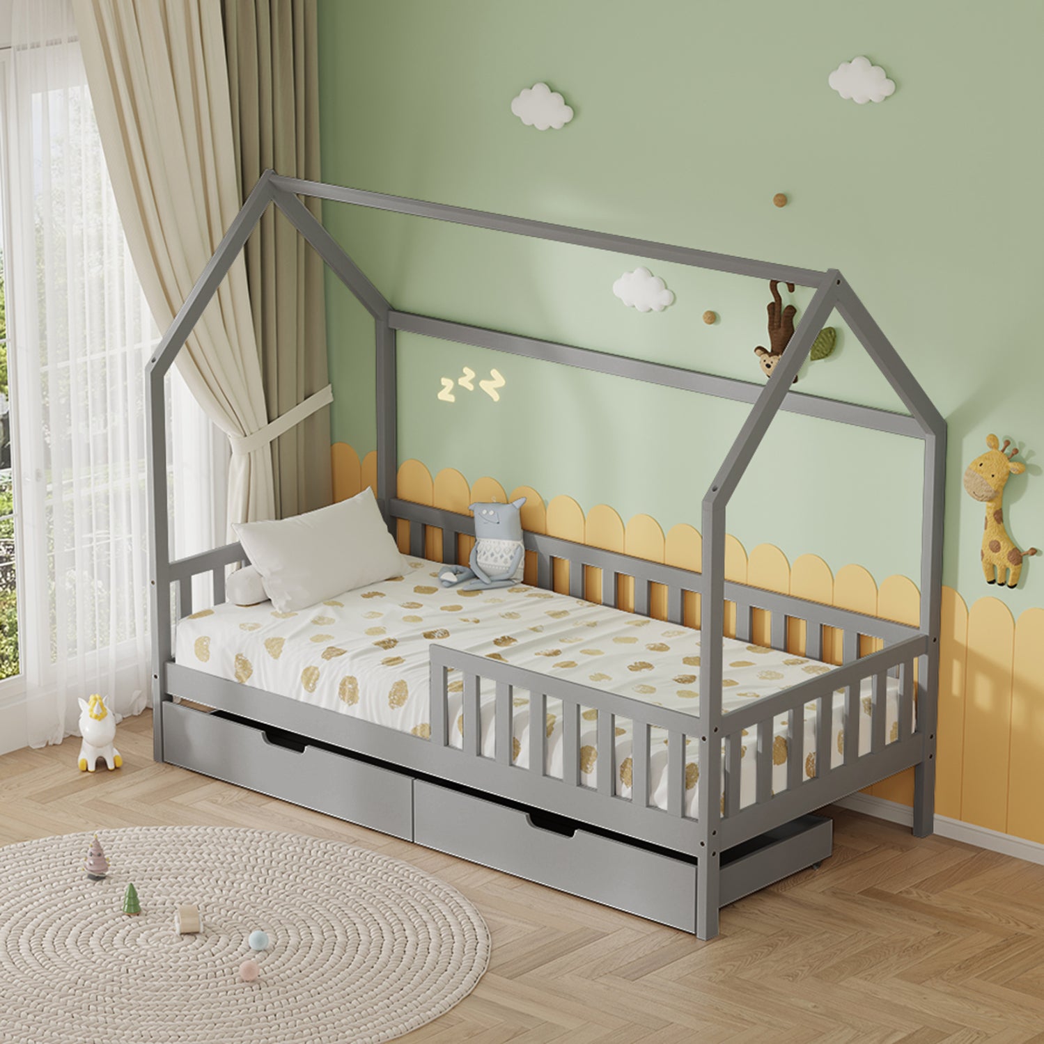 KIDS' BED WITH DRAWERS PHYLLIS HM724.05 PINE WOOD IN GREY 196x97x161Hcm.