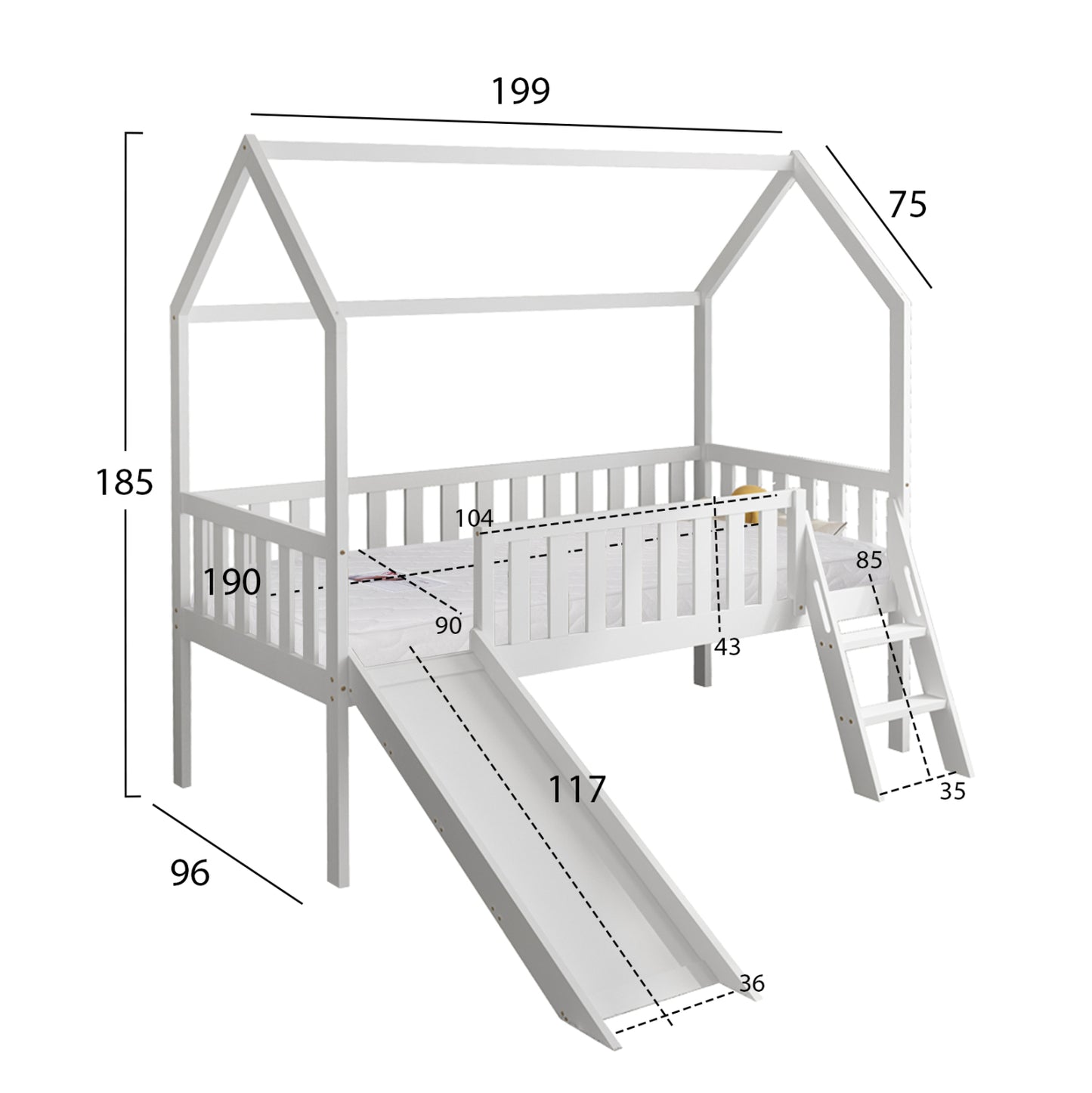 BED WITH SLIDE PHYLLIS HM21310.01 PINE WOOD IN WHITE--WITH MATTRESS 90x190cm