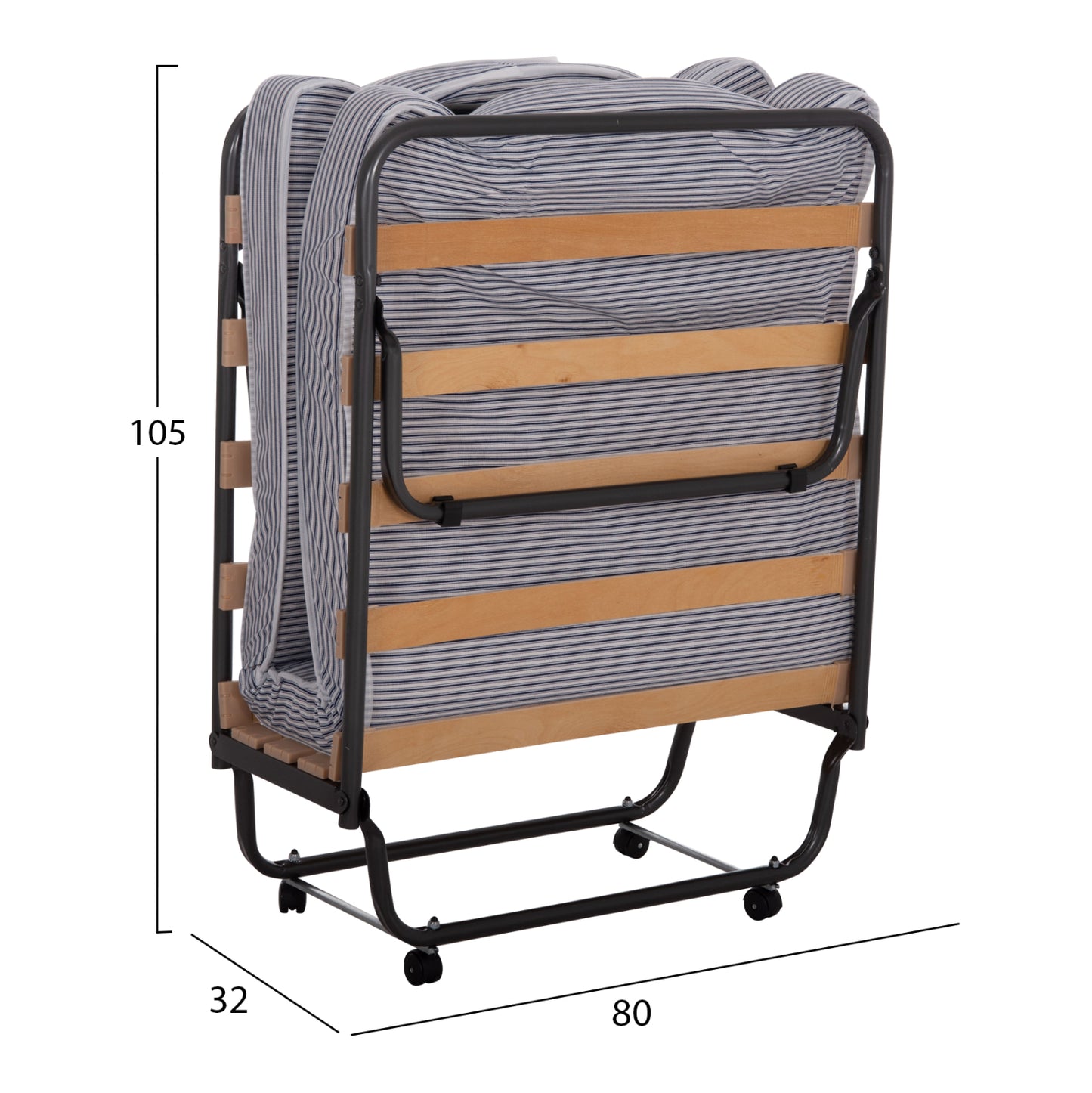FOLDABLE BED NOBLE ΗΜ393.01 METALLIC WITH WHEELS & MATTRESS IN BLUE-WHITE 80x182x37.5Hcm.