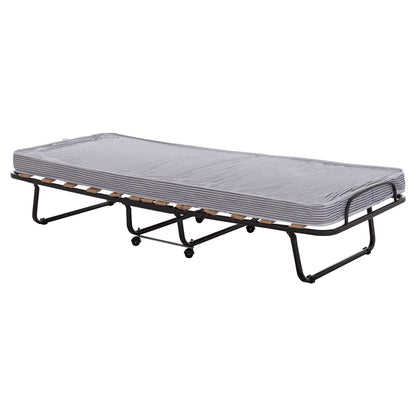 FOLDABLE BED NOBLE ΗΜ393.01 METALLIC WITH WHEELS & MATTRESS IN BLUE-WHITE 80x182x37.5Hcm.