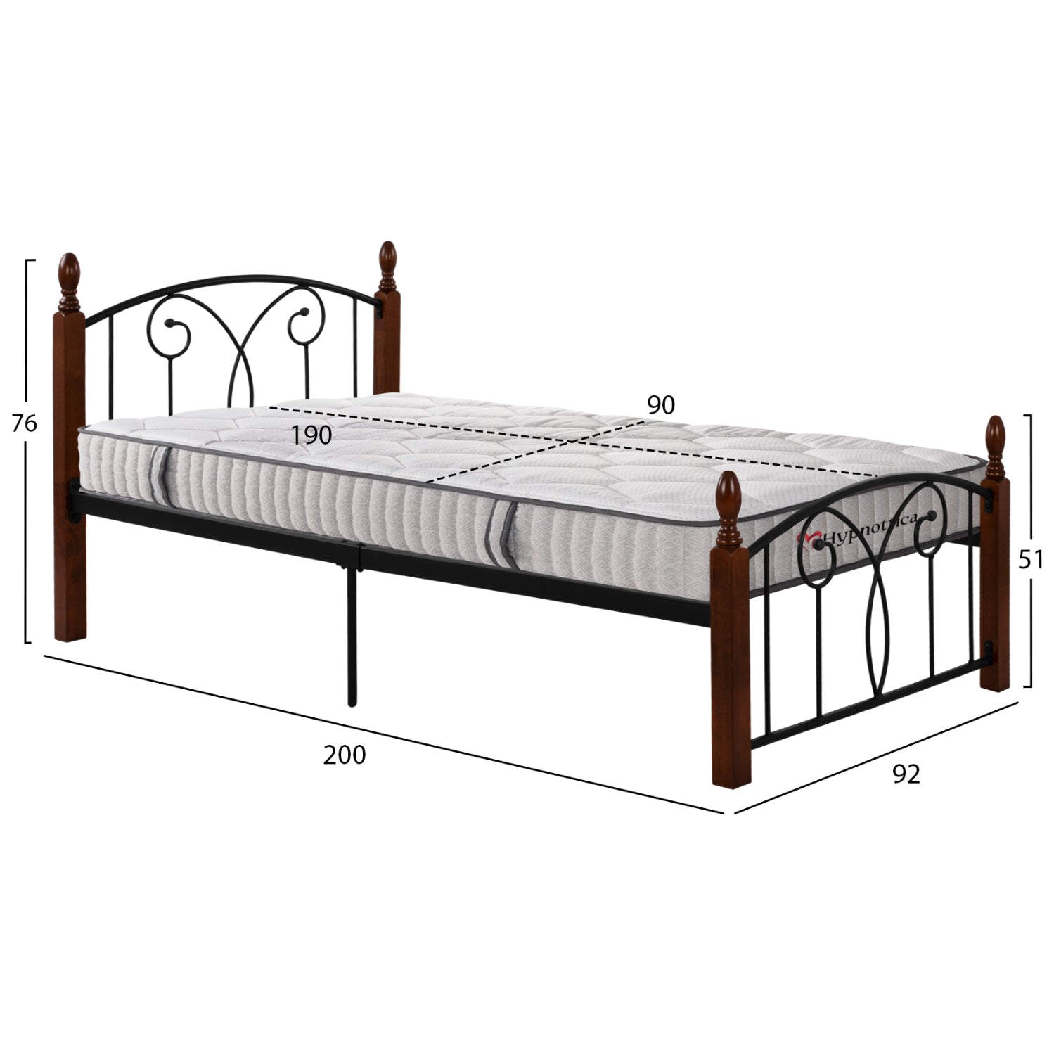 BED WITH MATTRESS SUZIE HM10754.01 METAL & RUBBERWOOD IN DARK WALNUT--MATTRESS 90x190cm.