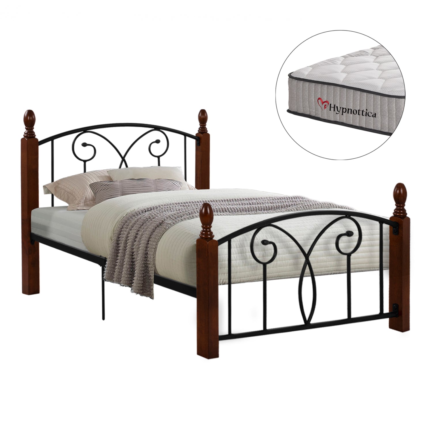 BED WITH MATTRESS SUZIE HM10754.01 METAL & RUBBERWOOD IN DARK WALNUT--MATTRESS 90x190cm.