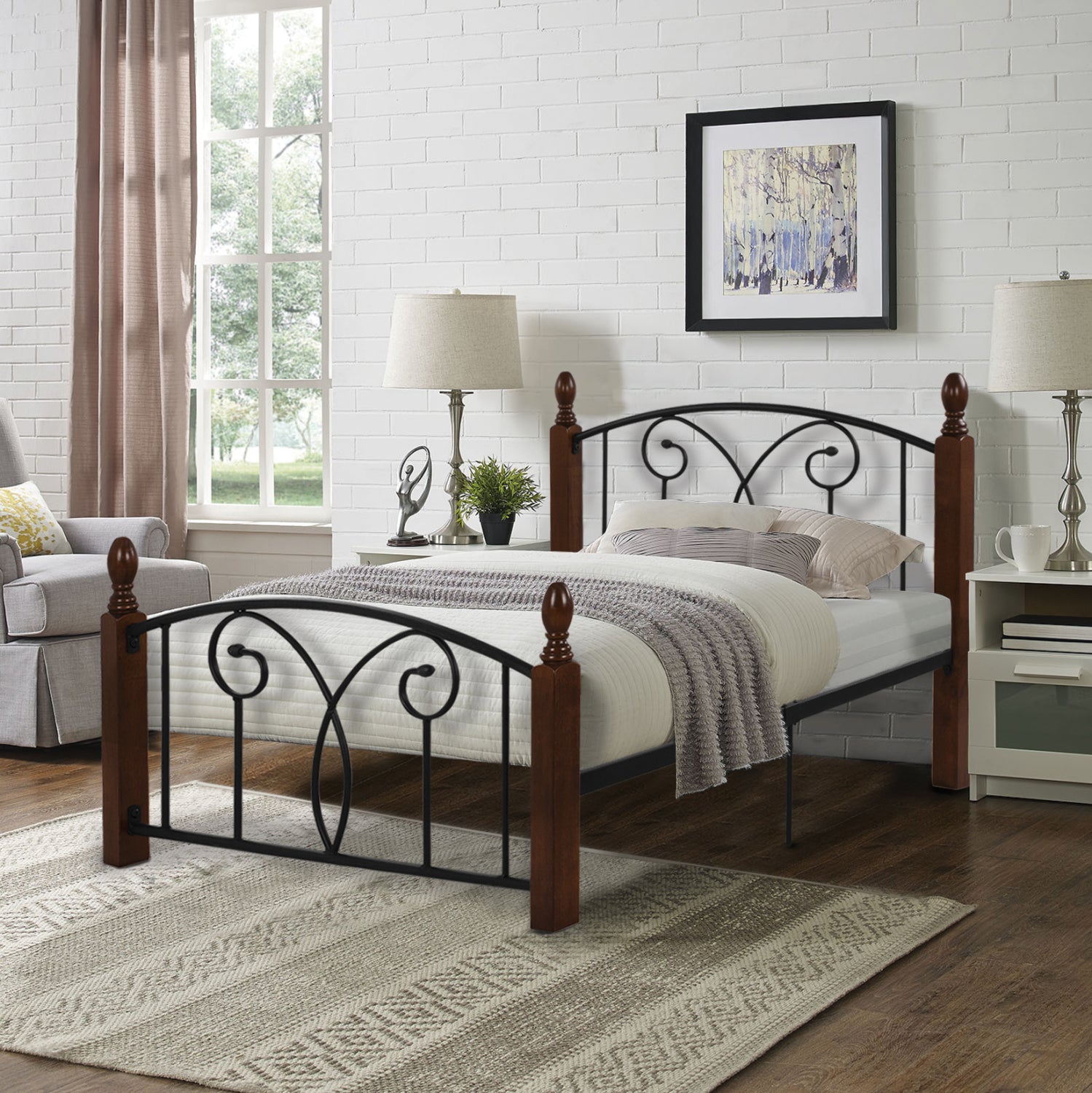 BED WITH MATTRESS SUZIE ΗΜ10800 METAL & RUBBERWOOD IN DARK WALNUT--MATTRESS 90x190cm.