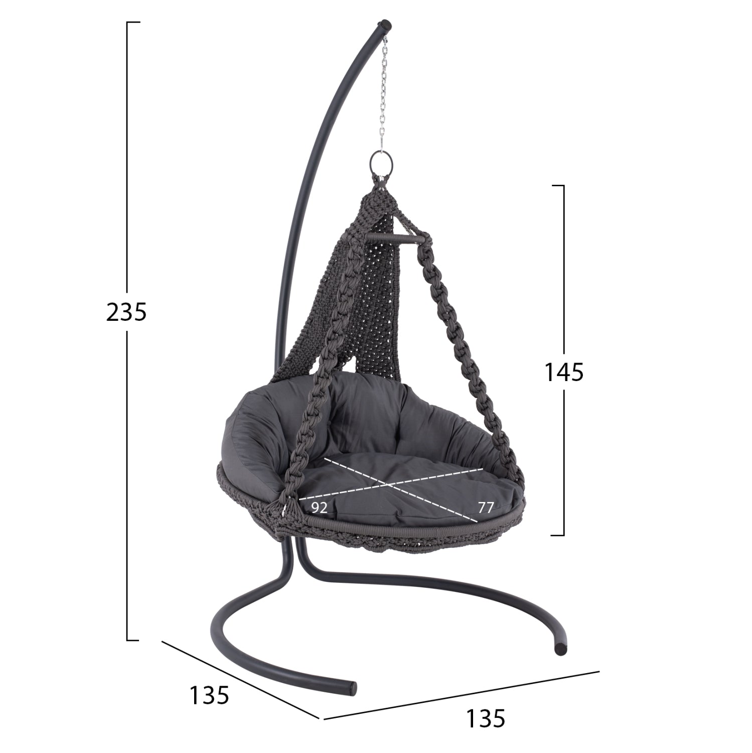 HANGING NEST AUGUST HM5922.10 MACRAME ROPE AND STEEL IN ANTHRACITE COLOR 123x113x145Hcm.