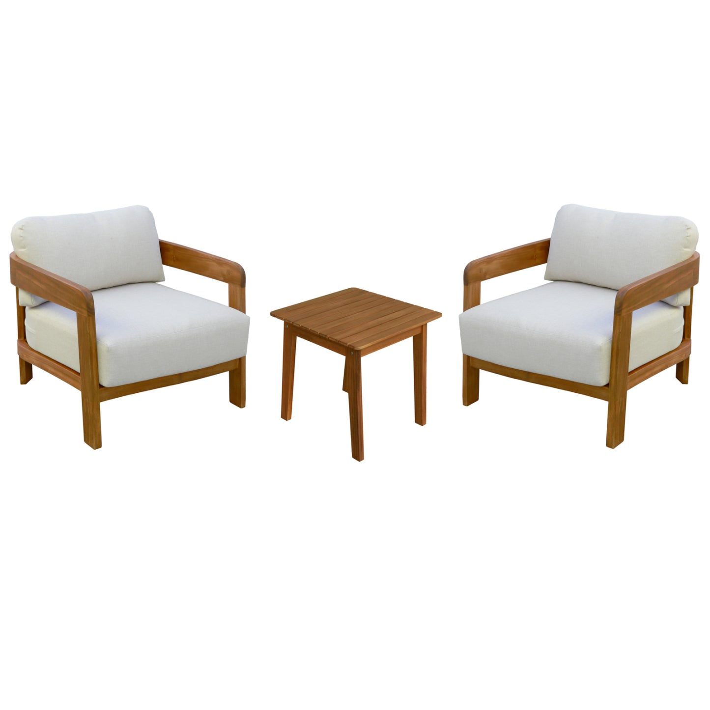 LOUNGE SET SOLARA HM10892 COFFEE TABLE & 2 LOUNGE ARMCHAIRS--ACACIA WOOD-ECRU CUSHIONS