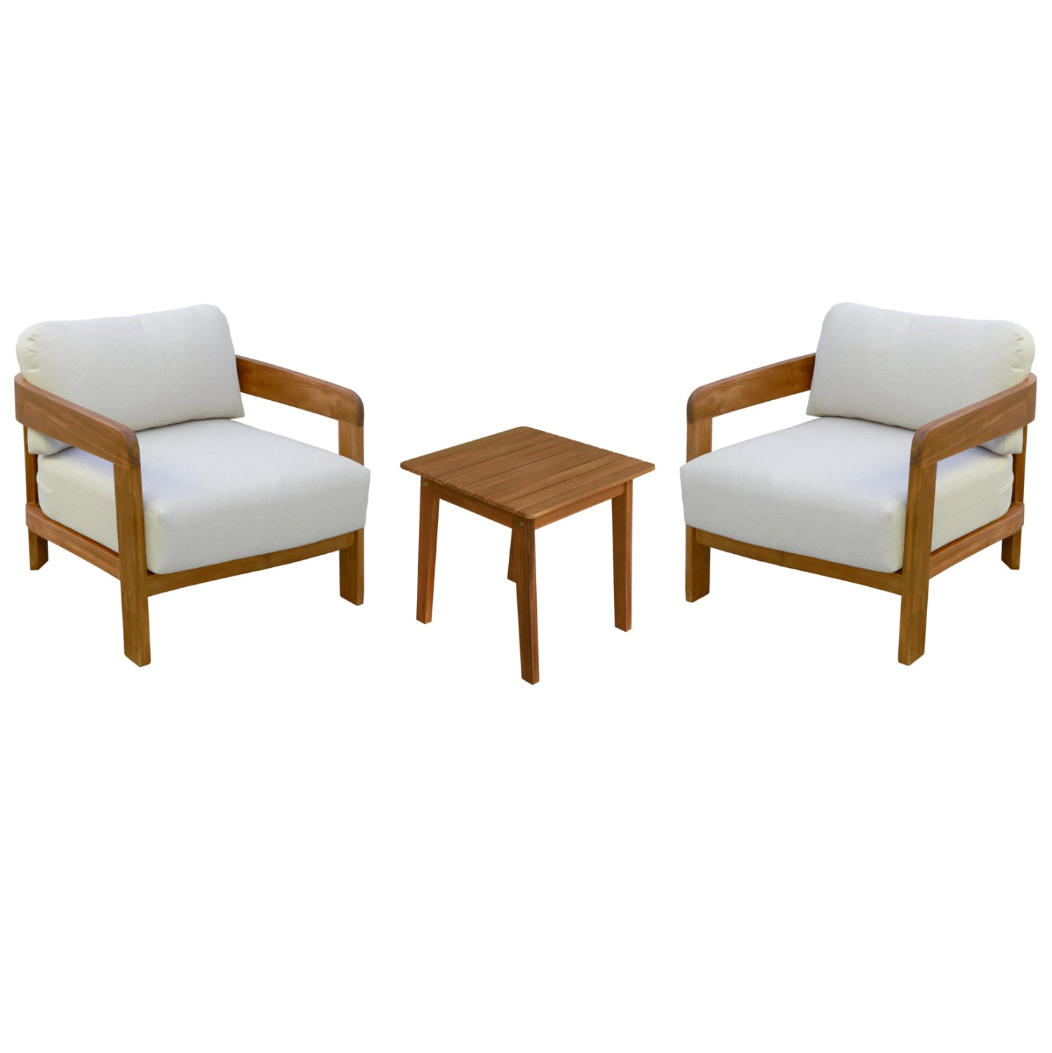 LOUNGE SET SOLARA HM10892 COFFEE TABLE & 2 LOUNGE ARMCHAIRS--ACACIA WOOD-ECRU CUSHIONS