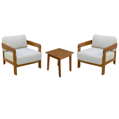 LOUNGE SET SOLARA HM10892 COFFEE TABLE & 2 LOUNGE ARMCHAIRS--ACACIA WOOD-ECRU CUSHIONS