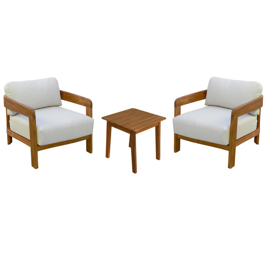 LOUNGE SET SOLARA HM10892 COFFEE TABLE & 2 LOUNGE ARMCHAIRS--ACACIA WOOD-ECRU CUSHIONS