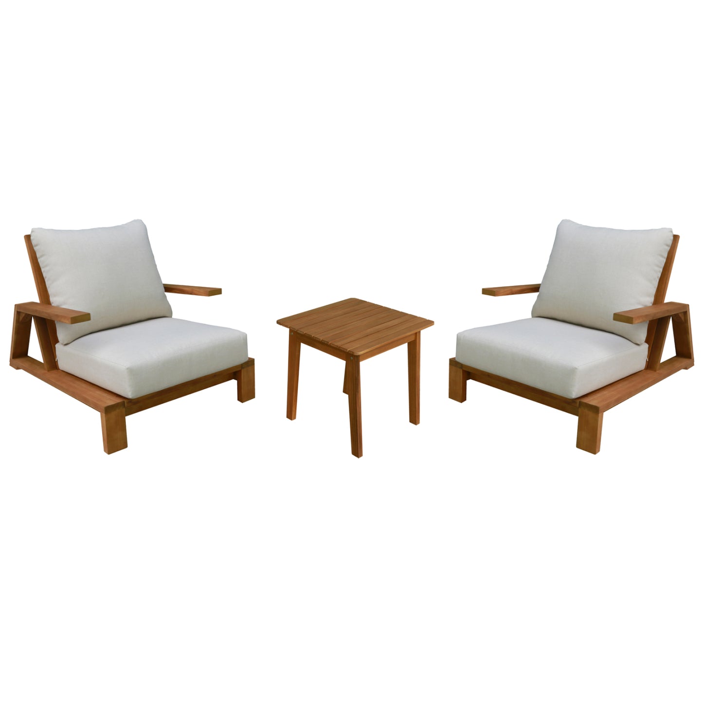 LOUNGE SET MIREX HM10893 COFFEE TABLE & 2 LOUNGE ARMCHAIRS--ACACIA WOOD-ECRU CUSHIONS