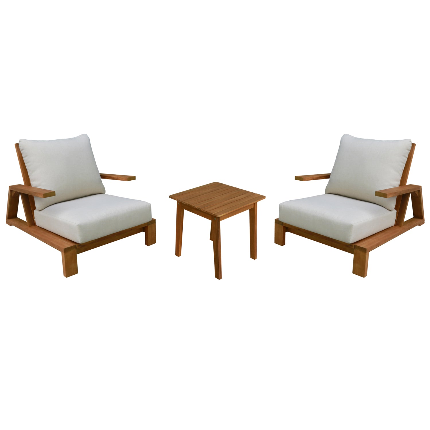 LOUNGE SET MIREX HM10893 COFFEE TABLE & 2 LOUNGE ARMCHAIRS--ACACIA WOOD-ECRU CUSHIONS