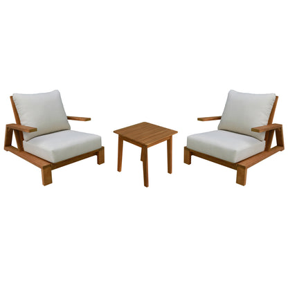 LOUNGE SET MIREX HM10893 COFFEE TABLE & 2 LOUNGE ARMCHAIRS--ACACIA WOOD-ECRU CUSHIONS