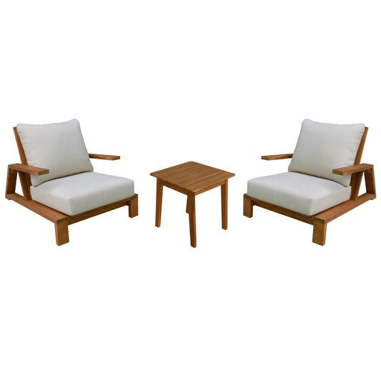 LOUNGE SET MIREX HM10893 COFFEE TABLE & 2 LOUNGE ARMCHAIRS--ACACIA WOOD-ECRU CUSHIONS