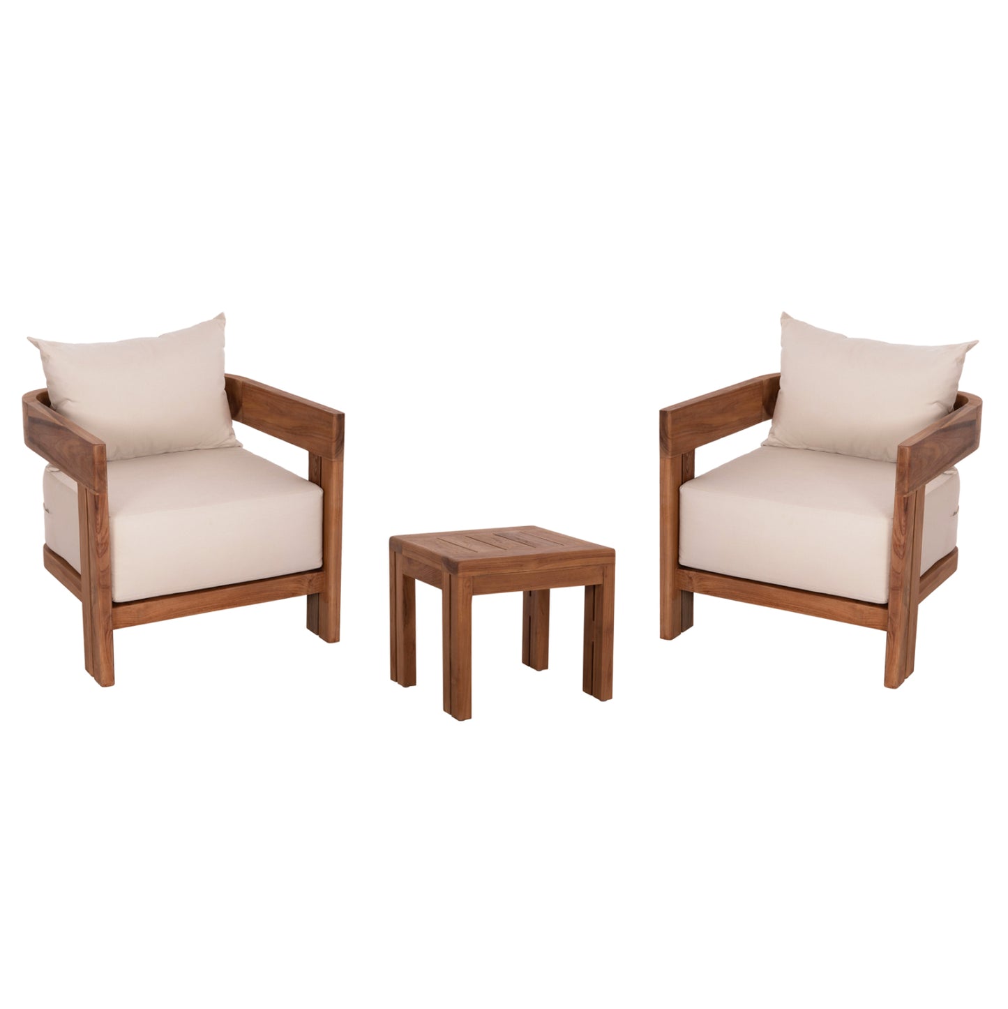 LOUNGE SET KIOTO HM10960 COFFEE TABLE & 2 LOUNGE ARMCHAIRS--TEAK WOOD-BEIGE CUSHIONS