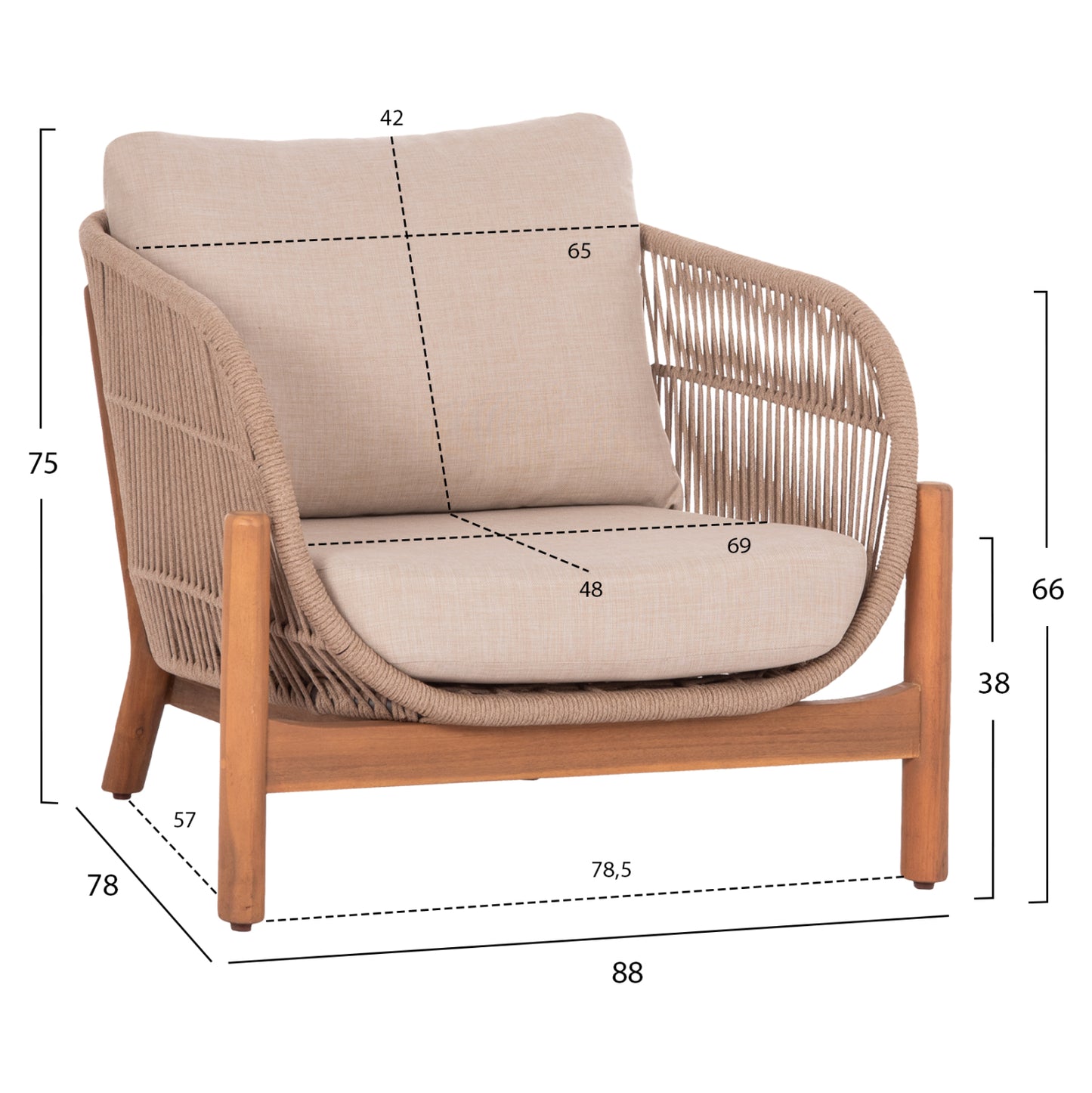 LOUNGE SET SANJI HM21214 COFFEE TABLE & 2 LOUNGE ARMCHAIRS--ACACIA WOOD-ALUMINUM FRAME-ROPE