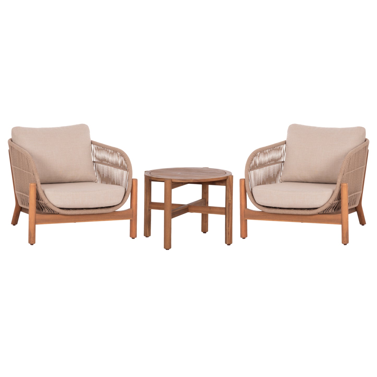 LOUNGE SET SANJI HM21214 COFFEE TABLE & 2 LOUNGE ARMCHAIRS--ACACIA WOOD-ALUMINUM FRAME-ROPE