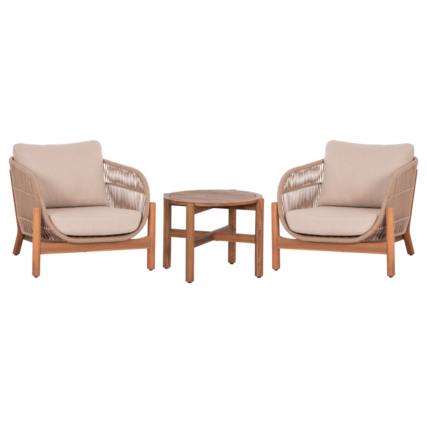 LOUNGE SET SANJI HM21214 COFFEE TABLE & 2 LOUNGE ARMCHAIRS--ACACIA WOOD-ALUMINUM FRAME-ROPE