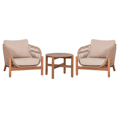 LOUNGE SET SANJI HM21214 COFFEE TABLE & 2 LOUNGE ARMCHAIRS--ACACIA WOOD-ALUMINUM FRAME-ROPE
