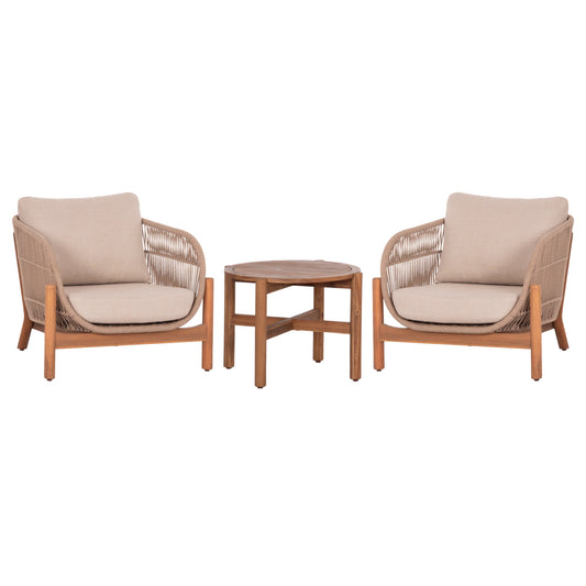 LOUNGE SET SANJI HM21214 COFFEE TABLE & 2 LOUNGE ARMCHAIRS--ACACIA WOOD-ALUMINUM FRAME-ROPE