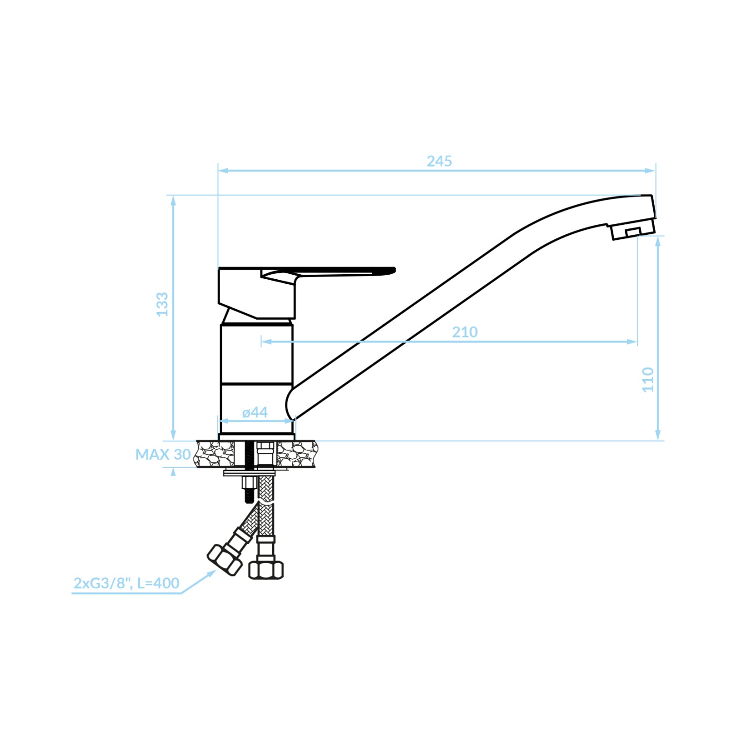 FAUCET FOR KITCHEN COUNTERTOP HM4865 LONG FAUCET SPOUT--CHROME--24.5x13.3Hcm.