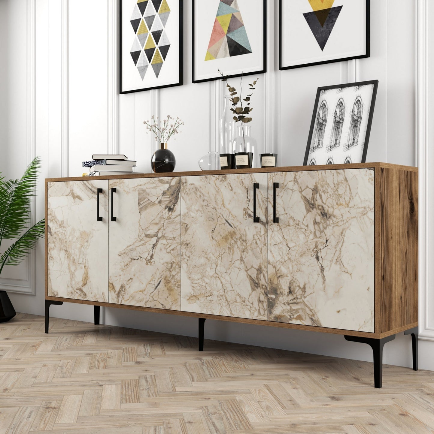 BUFFET MELAMINE ECRU MARBLE LOOK AND WALNUT 180x35x78Hcm.HM9428.02