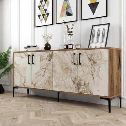 BUFFET MELAMINE ECRU MARBLE LOOK AND WALNUT 180x35x78Hcm.HM9428.02