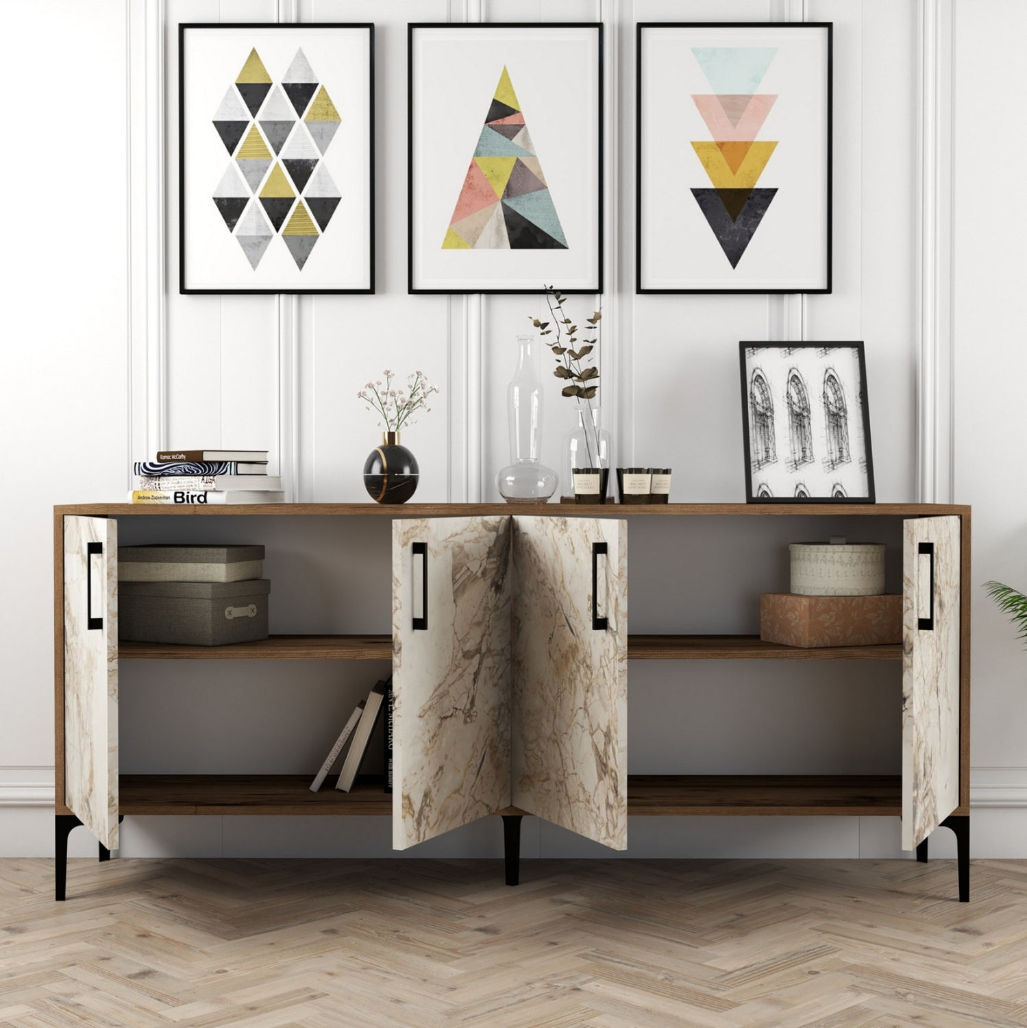 BUFFET MELAMINE ECRU MARBLE LOOK AND WALNUT 180x35x78Hcm.HM9428.02