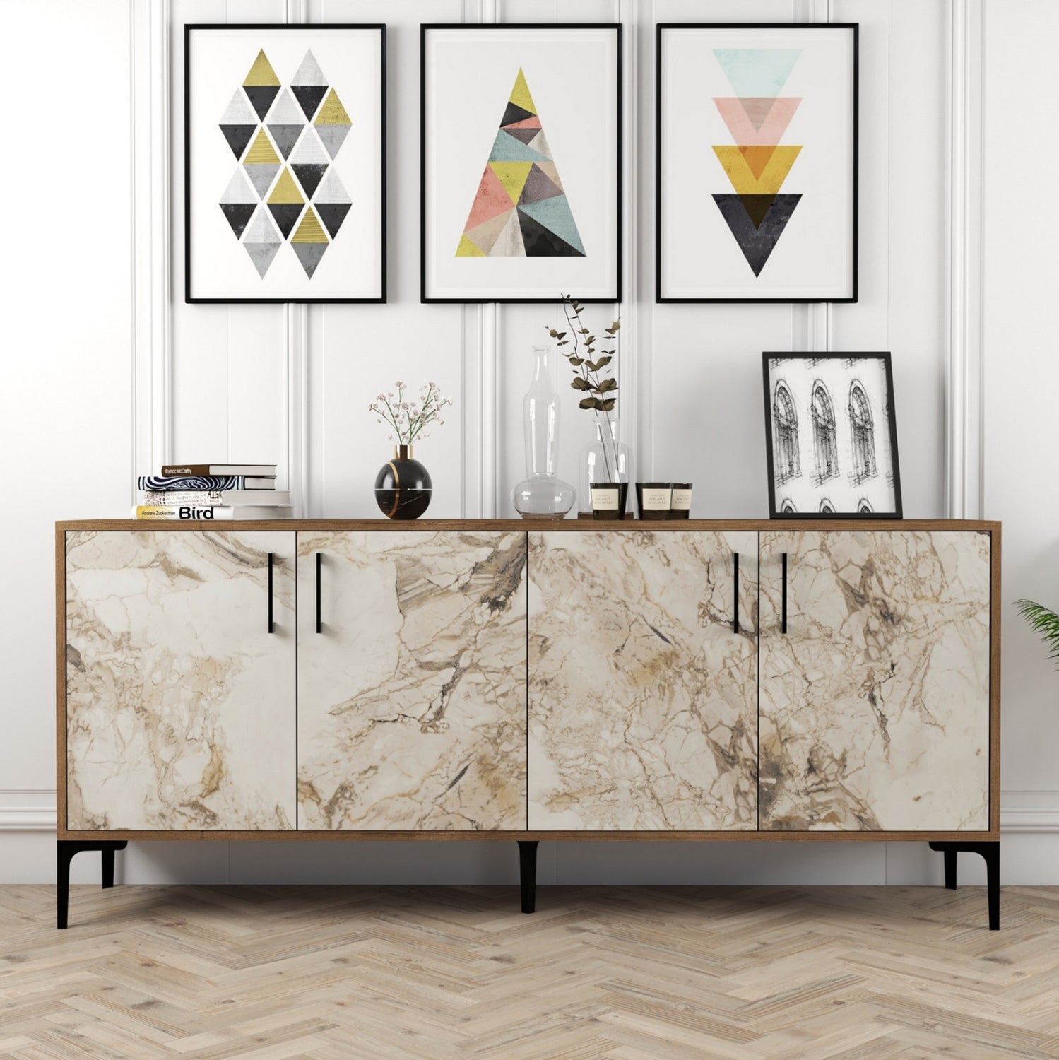 BUFFET MELAMINE ECRU MARBLE LOOK AND WALNUT 180x35x78Hcm.HM9428.02