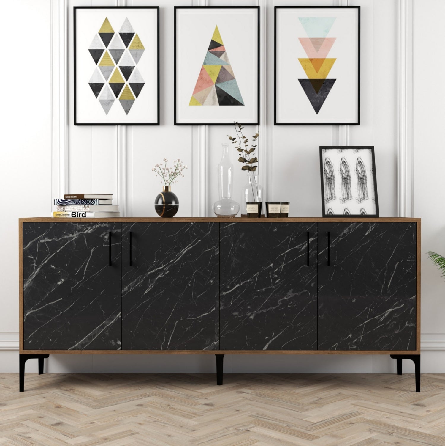 BUFFET HM9428.03 MELAMINE WALNUT WITH BLACK MARBLE-LOOK DOORS 180x35x78Hcm.