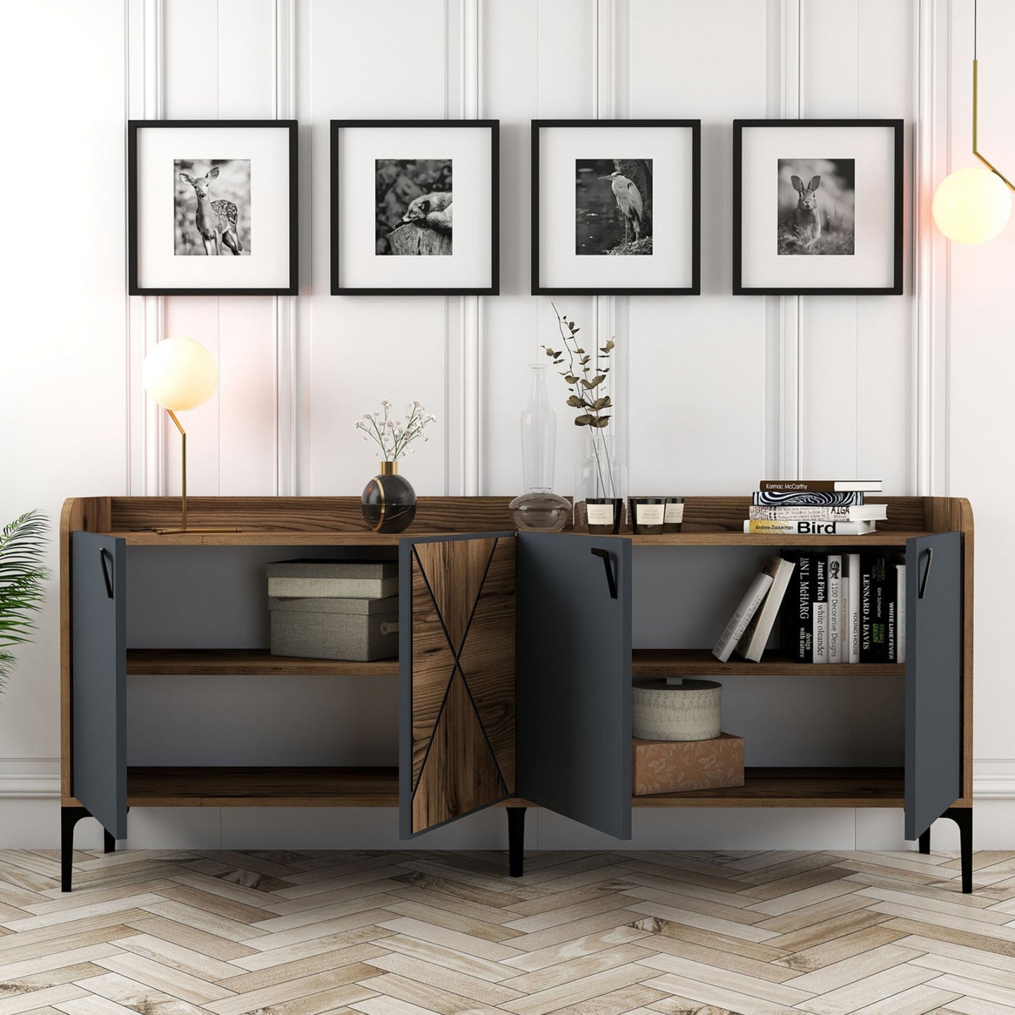 BUFFET MELAMINE WALNUT AND CHARCOAL GREY 180x35x78Hcm.HM9433.01