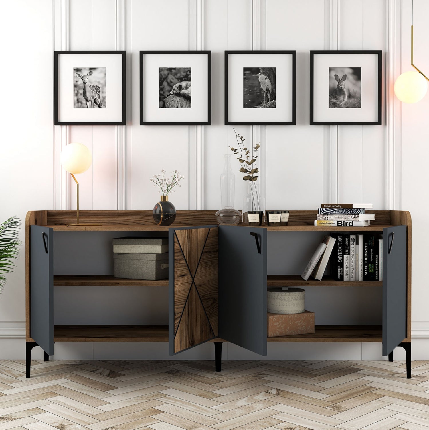 BUFFET MELAMINE WALNUT AND CHARCOAL GREY 180x35x78Hcm.HM9433.01