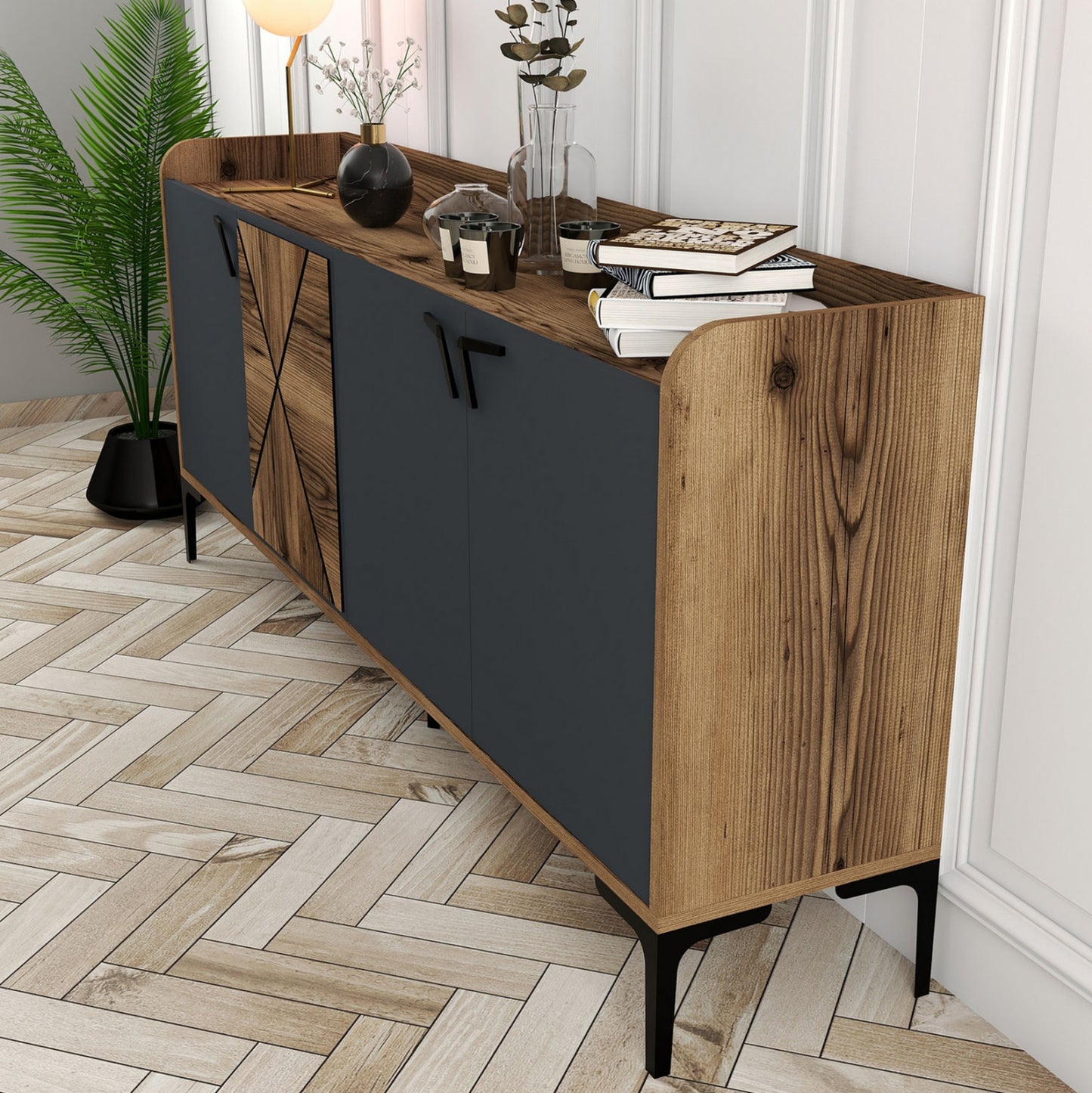 BUFFET MELAMINE WALNUT AND CHARCOAL GREY 180x35x78Hcm.HM9433.01