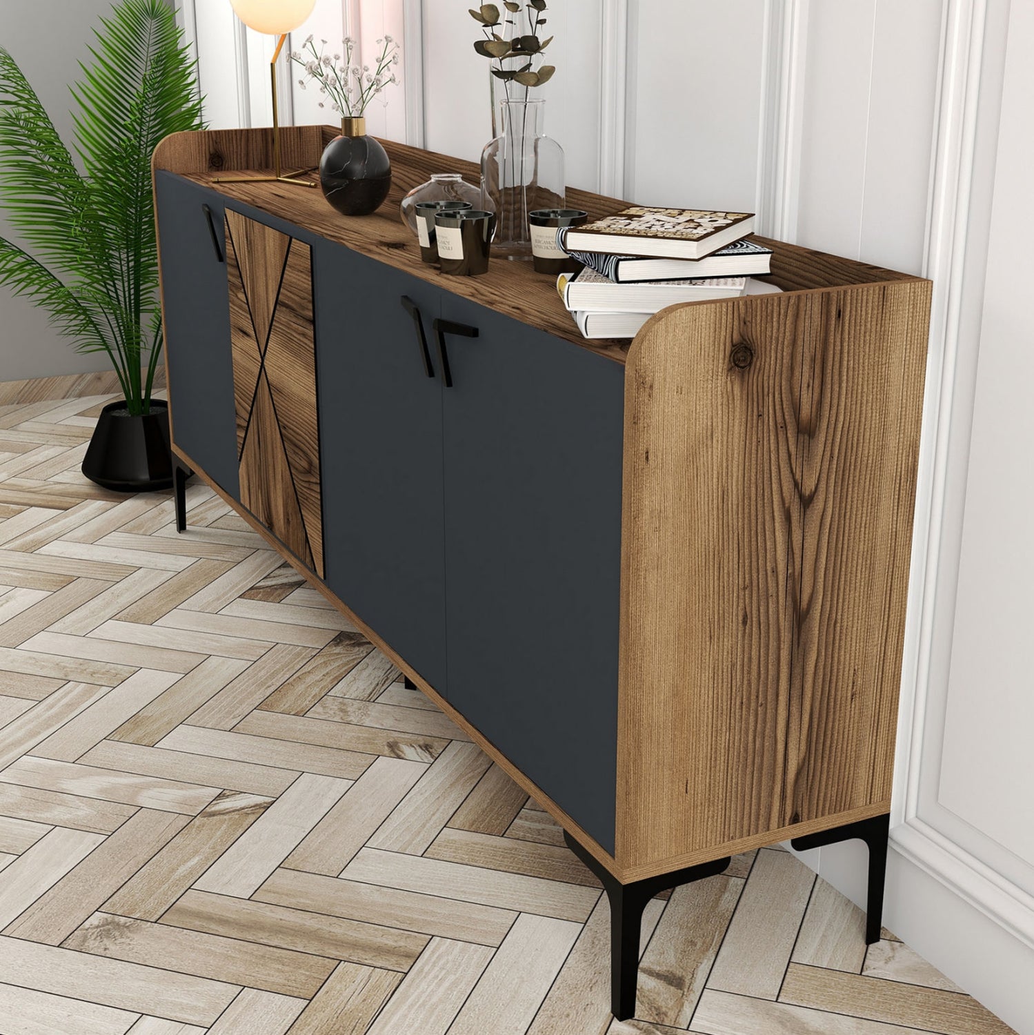 BUFFET MELAMINE WALNUT AND CHARCOAL GREY 180x35x78Hcm.HM9433.01