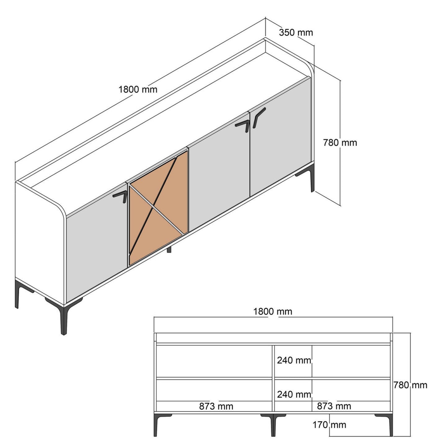BUFFET MELAMINE WALNUT AND WHITE MARBLE LOOK 180x35x78Ηcm.ΗΜ9433.02