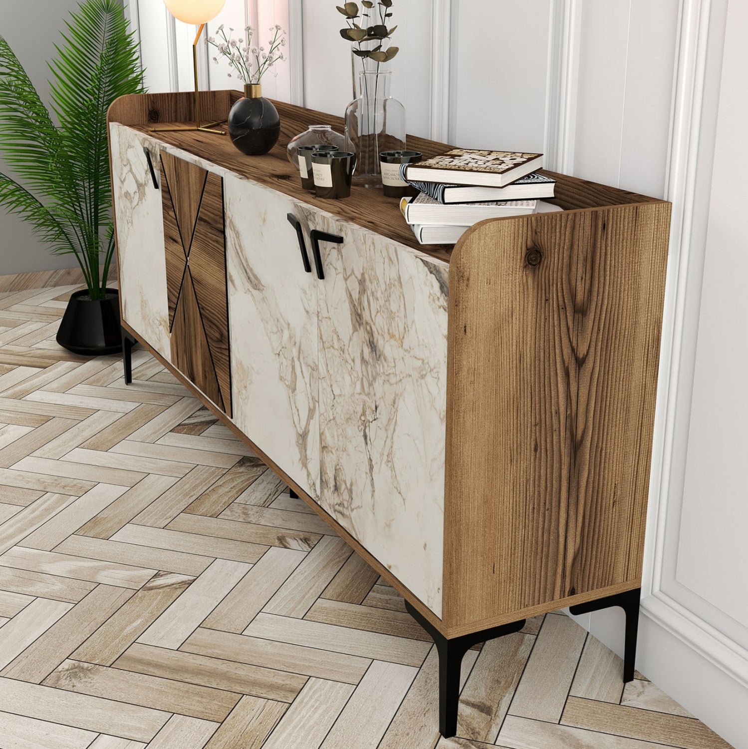 BUFFET MELAMINE WALNUT AND WHITE MARBLE LOOK 180x35x78Ηcm.ΗΜ9433.02