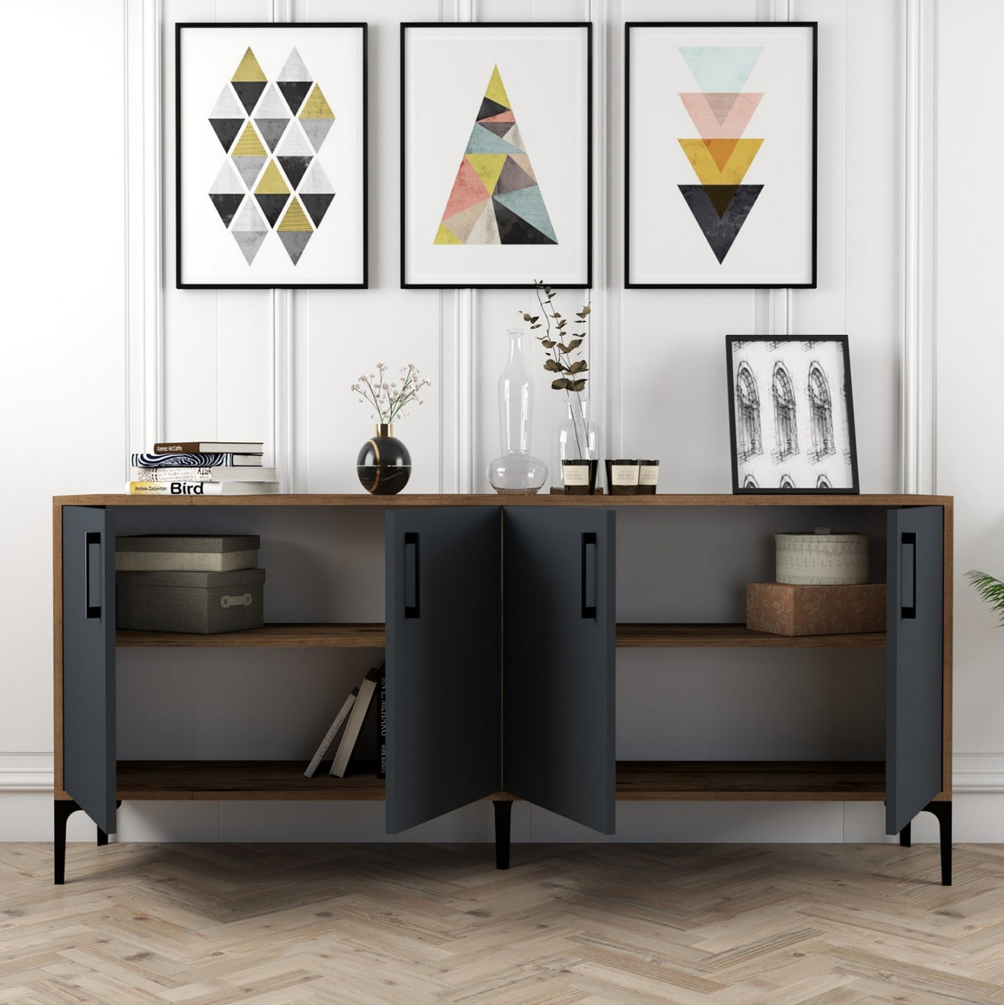 BUFFET MELAMINE WALNUT COLOR WITH CHARCOAL GREY DOORS 180x35x78Hcm.HM9428.01