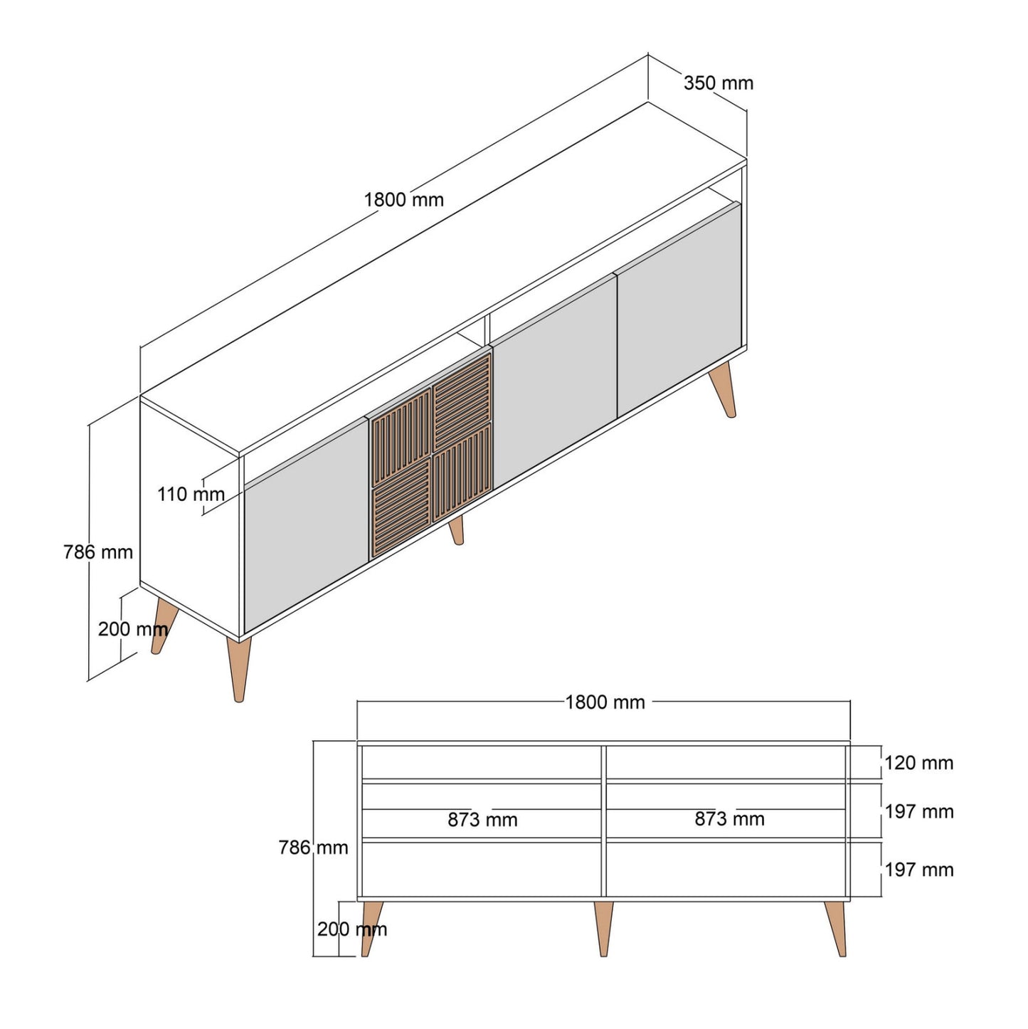 BUFFET MELAMINE HM9431.05 IN WALNUT WITH BLACK MARBLE-LOOK DOORS 180x35x78.6Hcm.