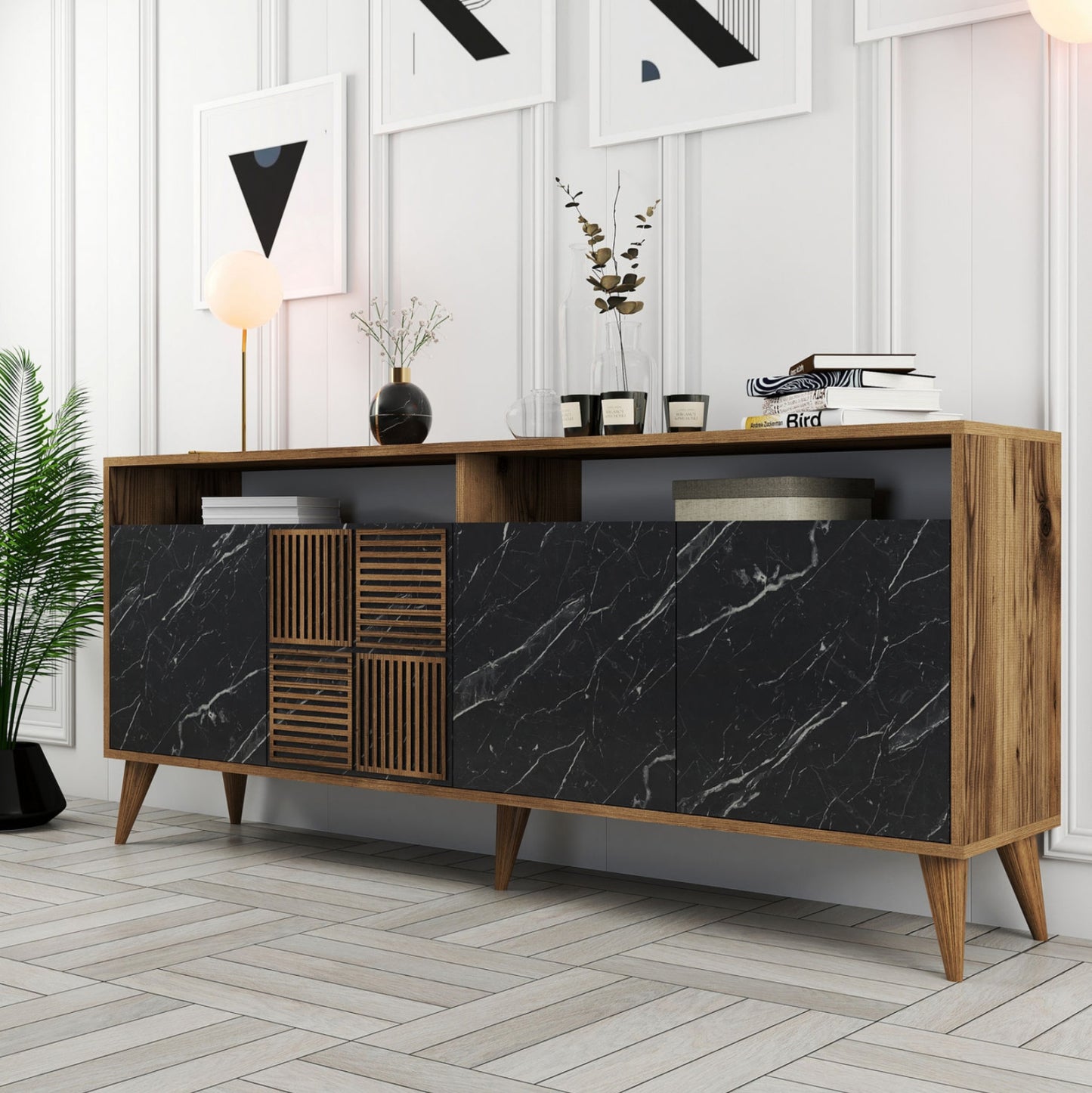BUFFET MELAMINE HM9431.05 IN WALNUT WITH BLACK MARBLE-LOOK DOORS 180x35x78.6Hcm.