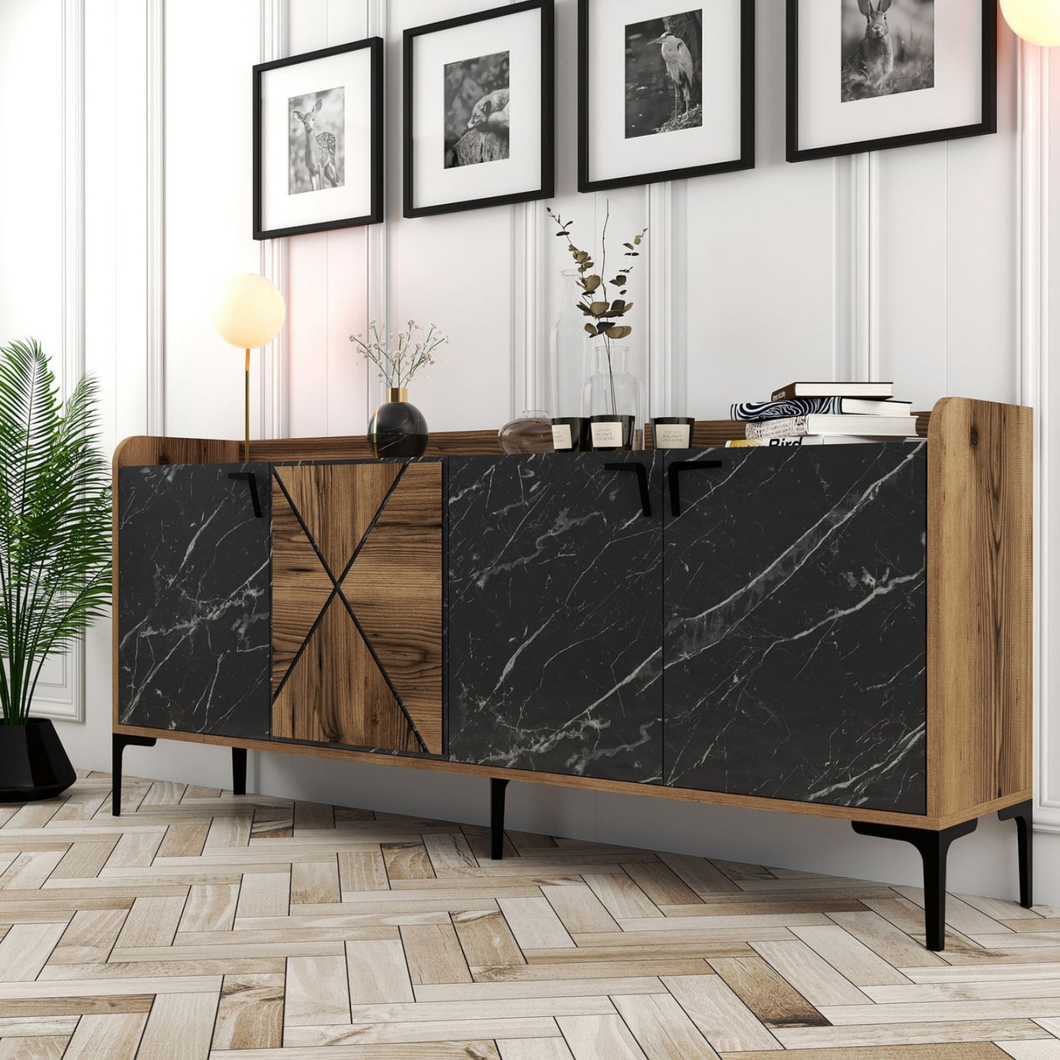 BUFFET MELAMINE HM9433.03 WALNUT WITH BLACK MARBLE-LOOK DOORS 180x35x78Hcm.