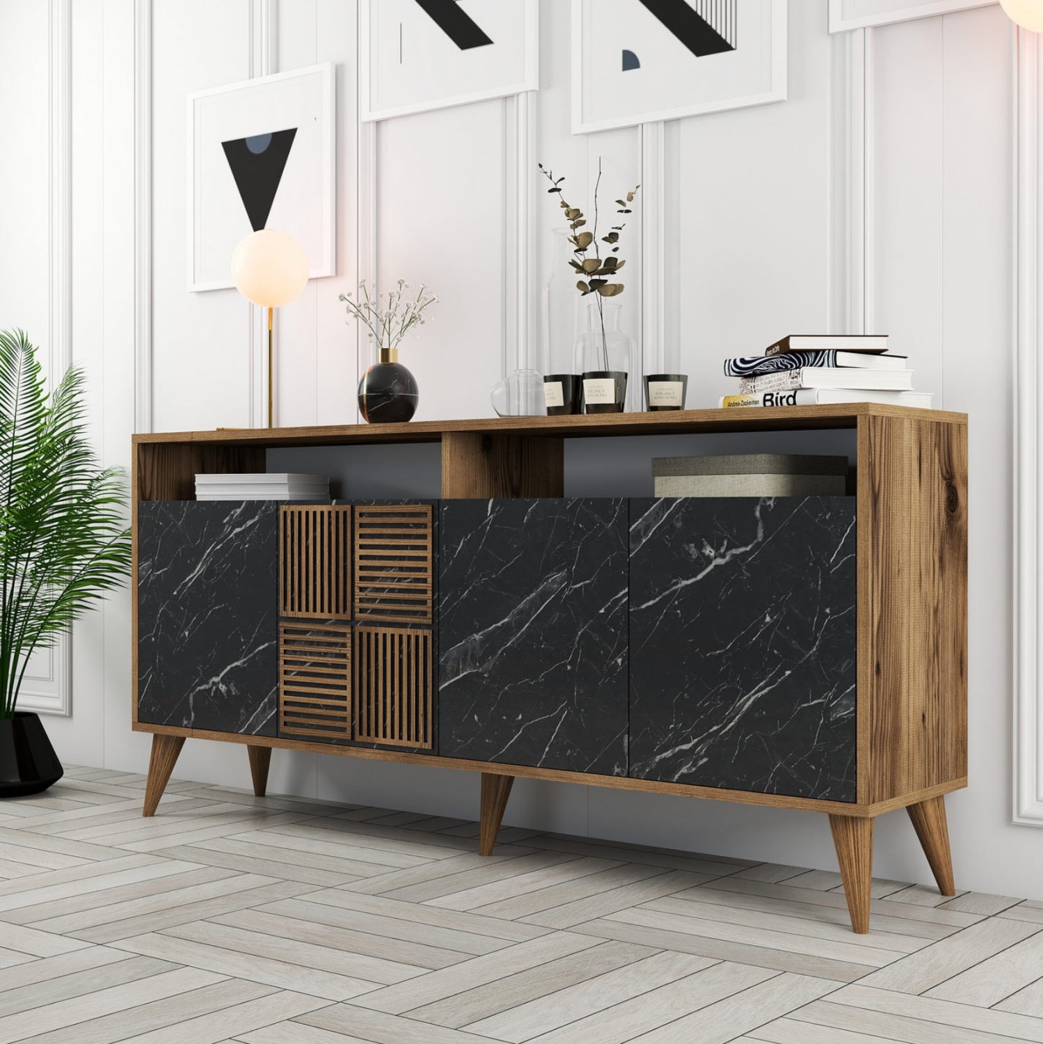BUFFET MELAMINE HM9506.02 WALNUT WITH BLACK MARBLE-LOOK DOORS 160x35x78Hcm.