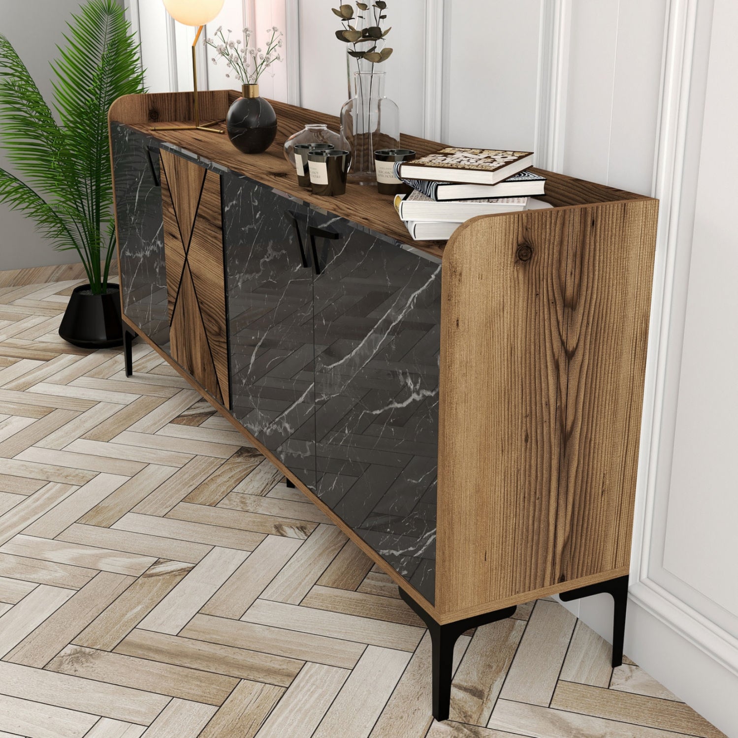 BUFFET MELAMINE HM9433.03 WALNUT WITH BLACK MARBLE-LOOK DOORS 180x35x78Hcm.