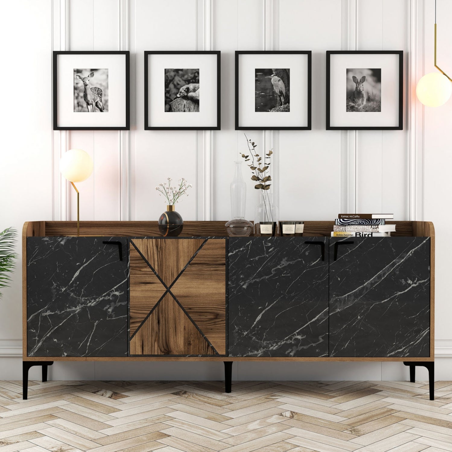 BUFFET MELAMINE HM9433.03 WALNUT WITH BLACK MARBLE-LOOK DOORS 180x35x78Hcm.