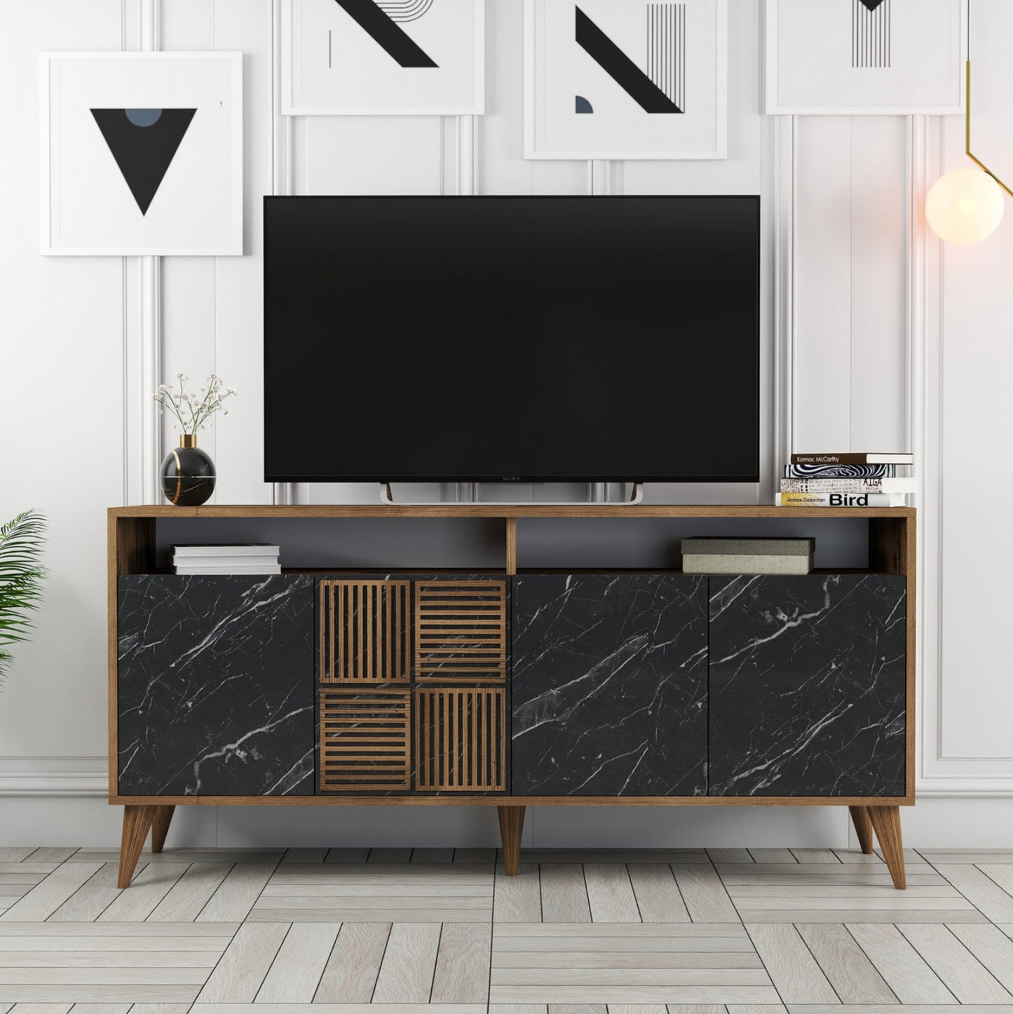 BUFFET MELAMINE HM9506.02 WALNUT WITH BLACK MARBLE-LOOK DOORS 160x35x78Hcm.
