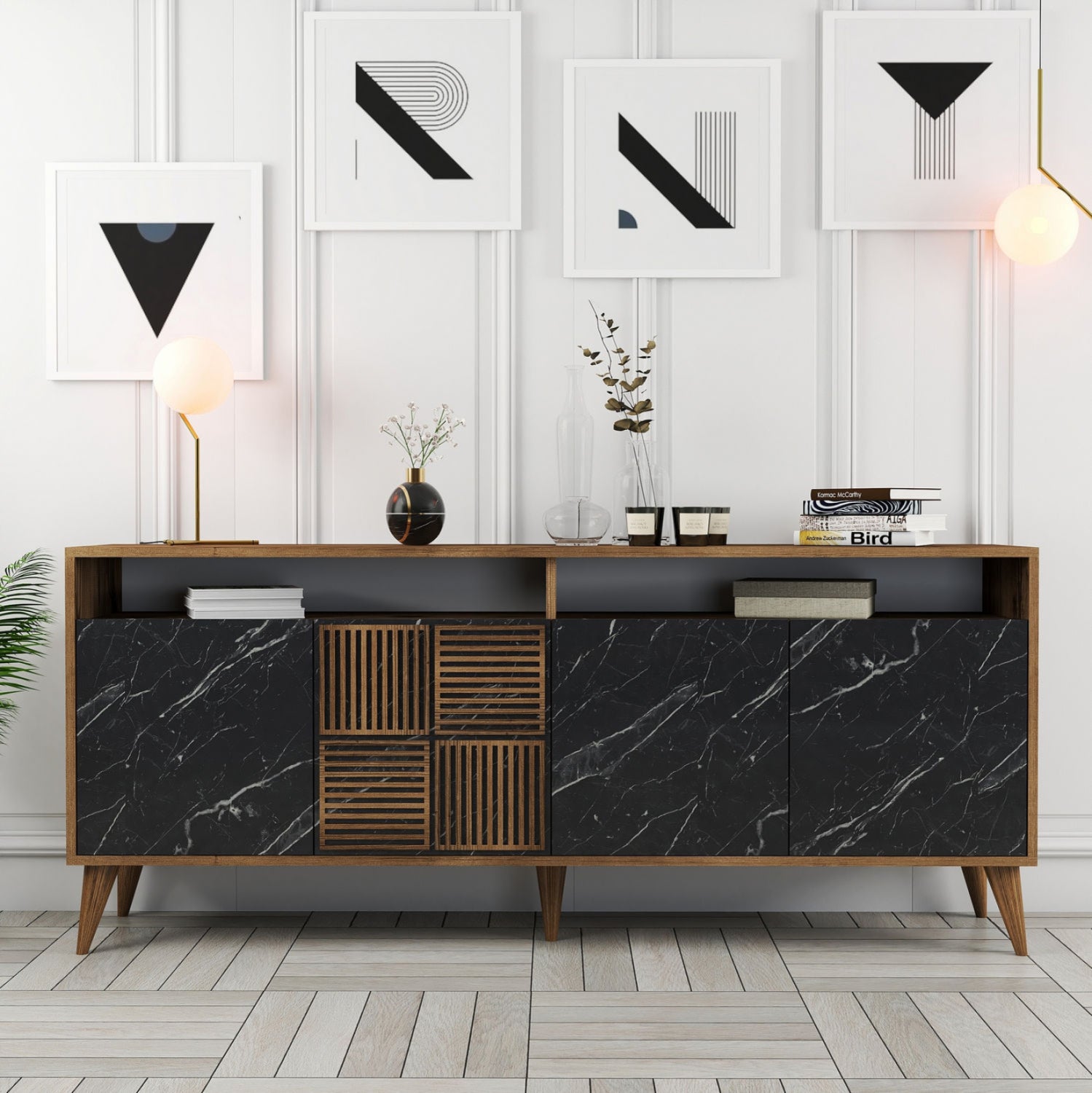 BUFFET MELAMINE HM9431.05 IN WALNUT WITH BLACK MARBLE-LOOK DOORS 180x35x78.6Hcm.