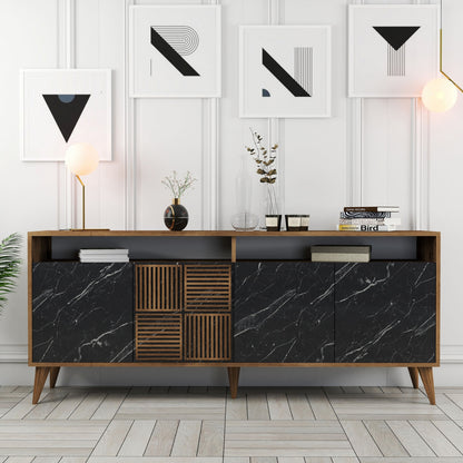 BUFFET MELAMINE HM9431.05 IN WALNUT WITH BLACK MARBLE-LOOK DOORS 180x35x78.6Hcm.