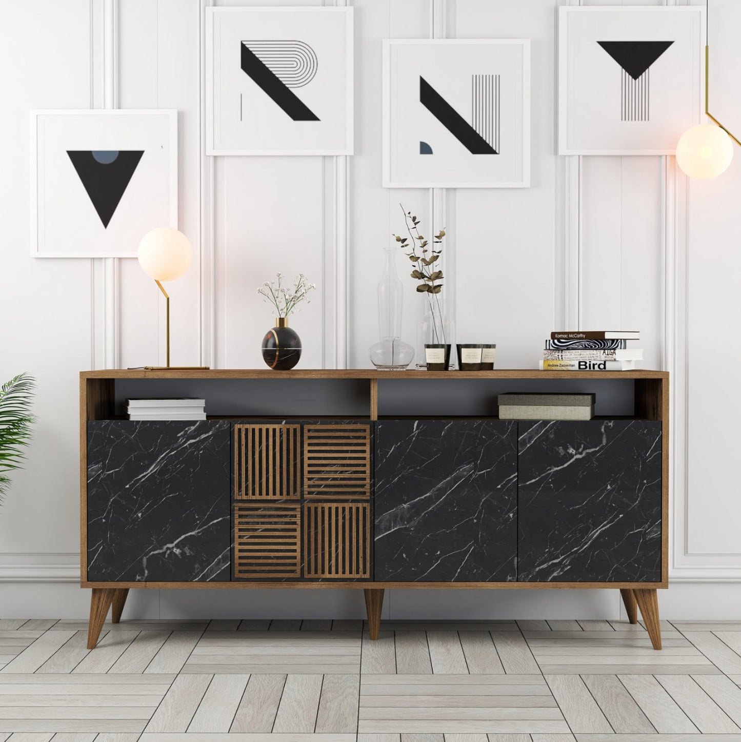 BUFFET MELAMINE HM9506.02 WALNUT WITH BLACK MARBLE-LOOK DOORS 160x35x78Hcm.