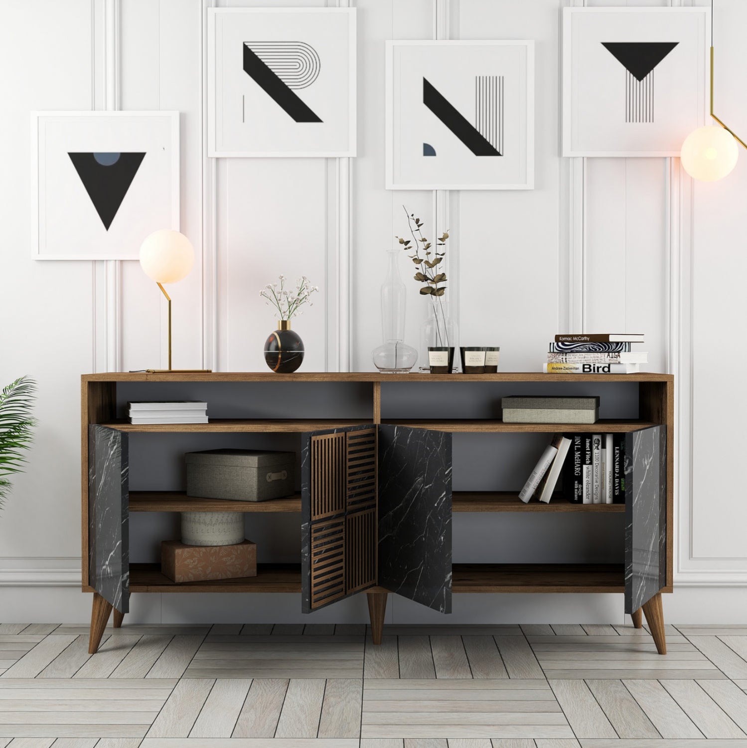 BUFFET MELAMINE HM9506.02 WALNUT WITH BLACK MARBLE-LOOK DOORS 160x35x78Hcm.