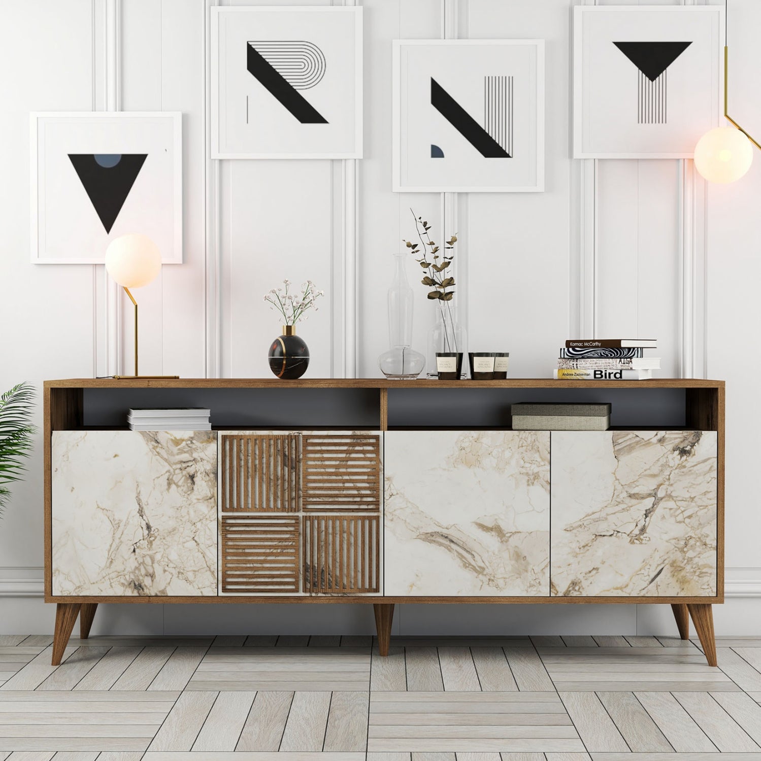 BUFFET MELAMINE IN WALNUT COLOR AND WHITE MARBLE-LOOK DOORS 180x35x78,6Hcm.HM9431.03