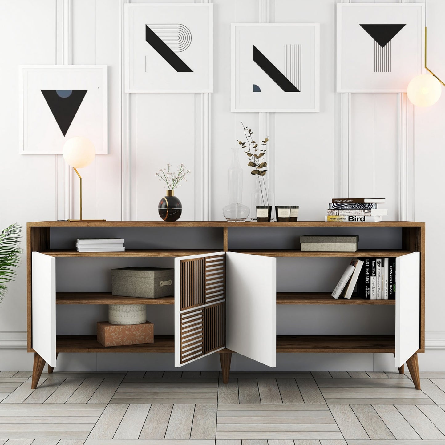 BUFFET MELAMINE IN WALNUT WITH WHITE DOORS 180x35x78.6Hcm.HM9431.02