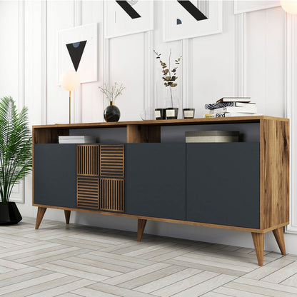 BUFFET MELAMINE IN WALNUT AND CHARCOAL GREY DOORS 180x35x78.6Hcm.HM9431.01
