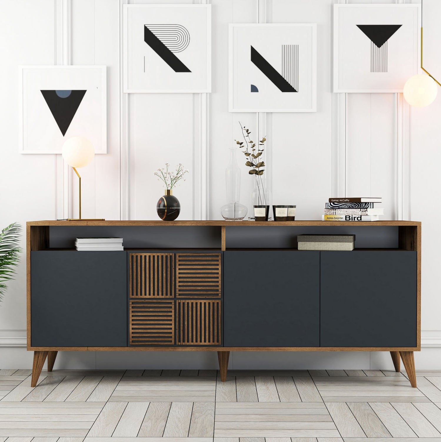 BUFFET MELAMINE IN WALNUT AND CHARCOAL GREY DOORS 180x35x78.6Hcm.HM9431.01